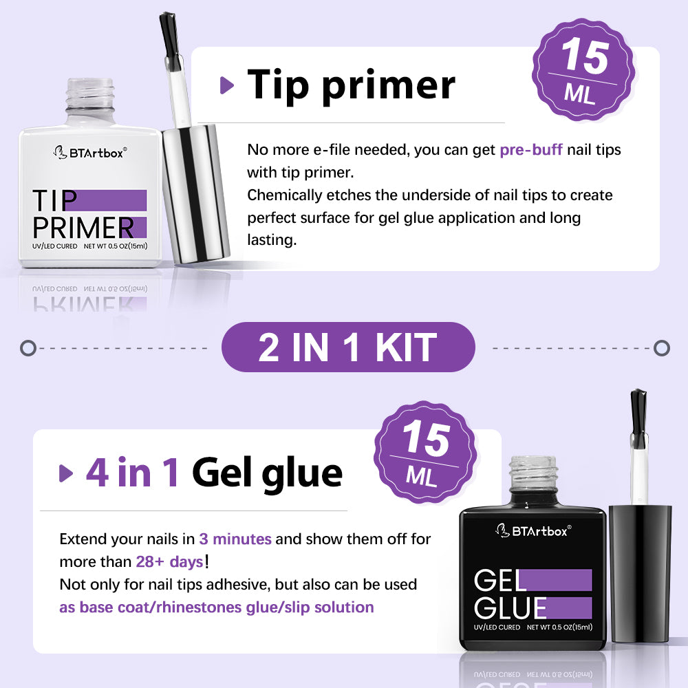 Gel Nail Glue and Tip Primer Set - Super Strong 4 in 1 for Fake Nails