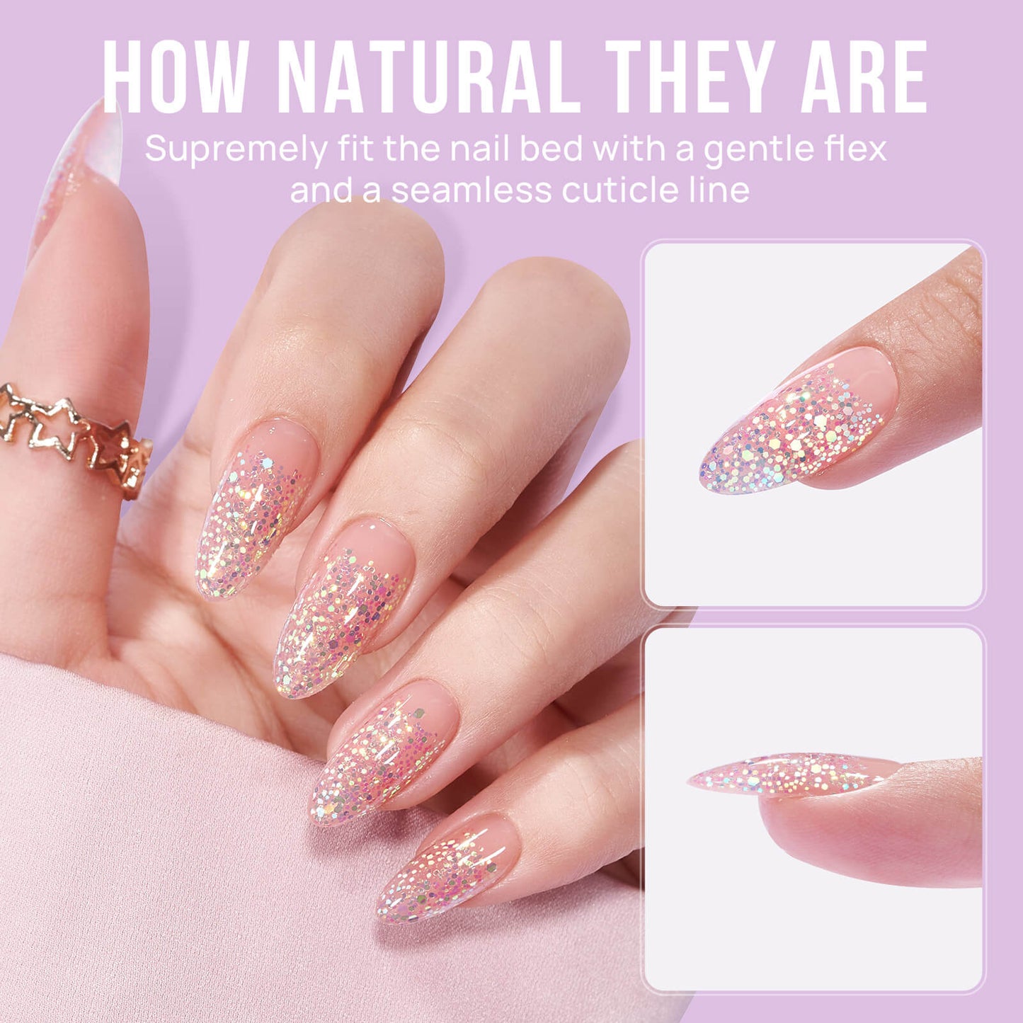 Ongles d’amande scintillants roses - Appuyez sur les ongles