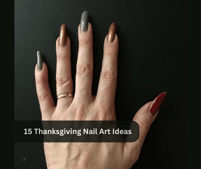 Thanksgiving nail art with long stiletto nails in grey, bronze, and burgundy tones