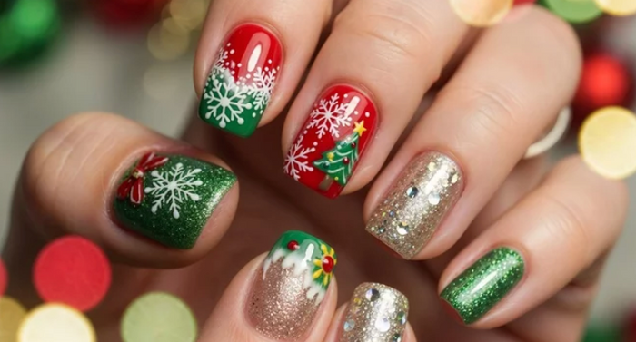green and gold christmas nails