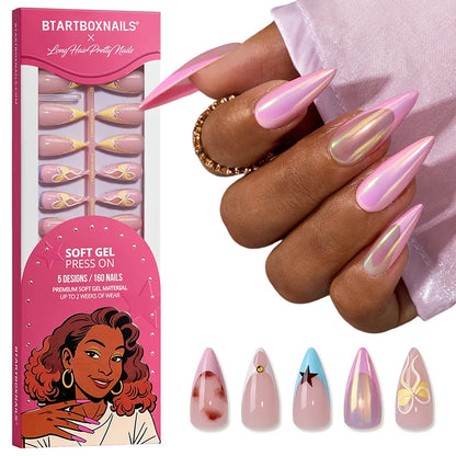 Stiletto Lungo Polvere di Stelle Fiorita - Unghie Adesive in Gel Morbido