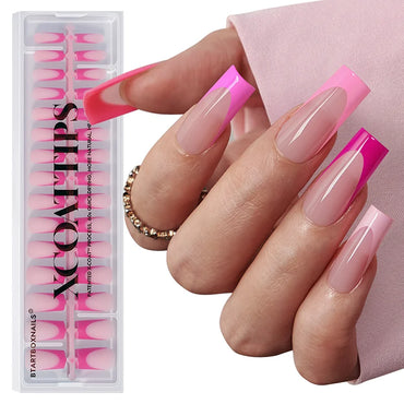 Long Square Pink French Tips Nails