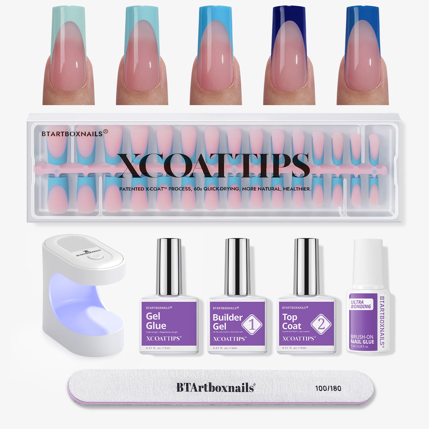 XCOATTIPS® French - Long Square Blue Pastel Tips