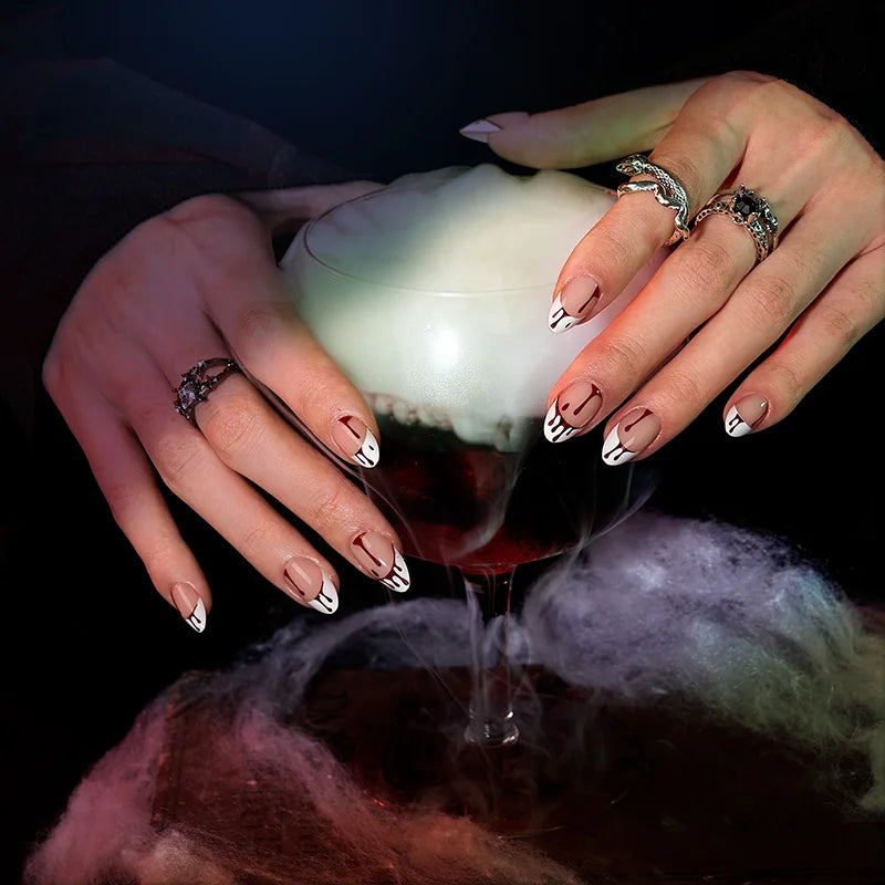 Blood Drip almond press-on nails with red Halloween details