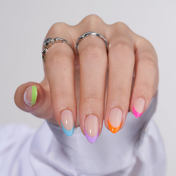 Neon Rainbow Almond Français Nails - Appuyez sur les ongles
