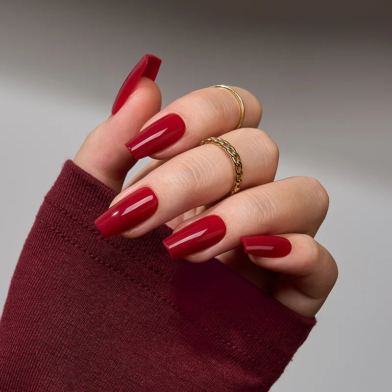 Uñas postizas de gel suave con forma de ataúd, en rojo, para mujer