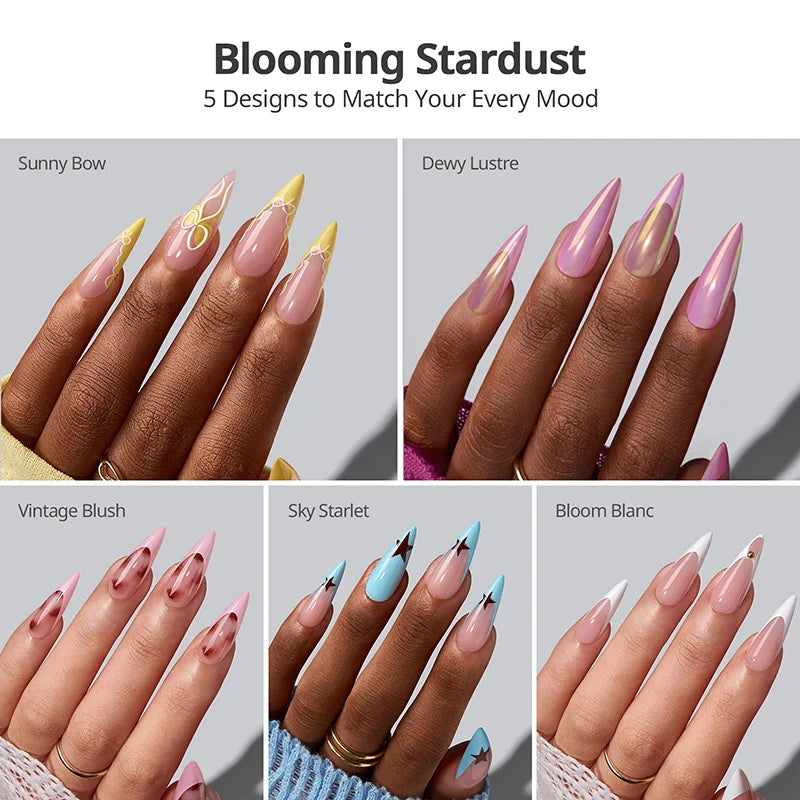 Stiletto Lungo Polvere di Stelle Fiorita - Unghie Adesive in Gel Morbido