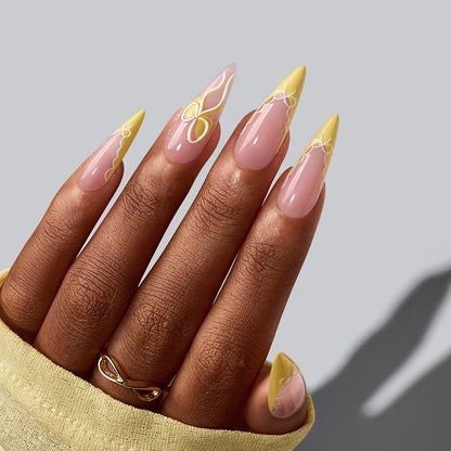 Stiletto Lungo Polvere di Stelle Fiorita - Unghie Adesive in Gel Morbido