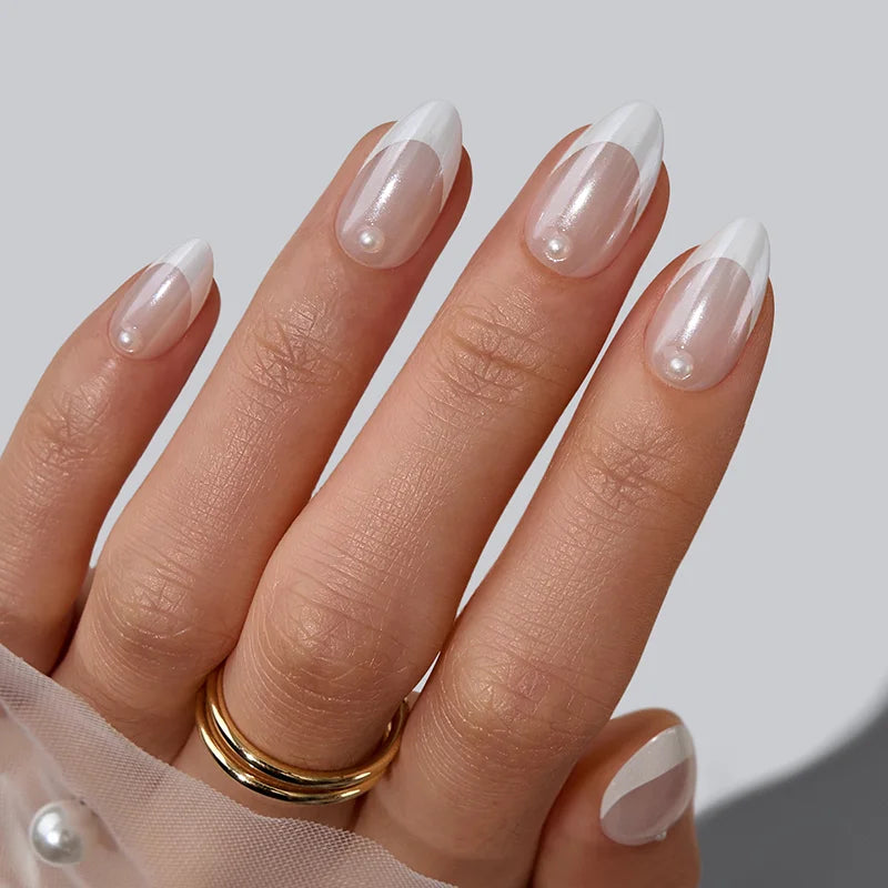 Perfectly Paired short almond wedding nails with pearl accents