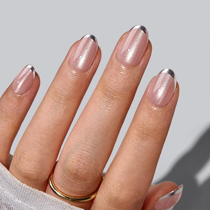 Always Here short oval nails with silver French tips