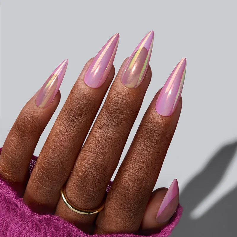 Stiletto Lungo Polvere di Stelle Fiorita - Unghie Adesive in Gel Morbido