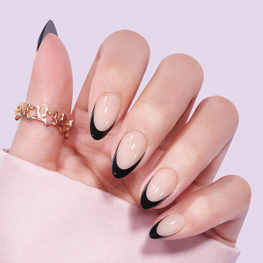 Black French Almond Nails - Press On Nails