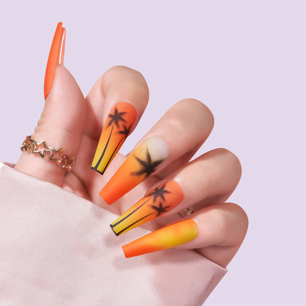 Summer Beach Ombre Orange Coffin Nails - Stampa sulle unghie